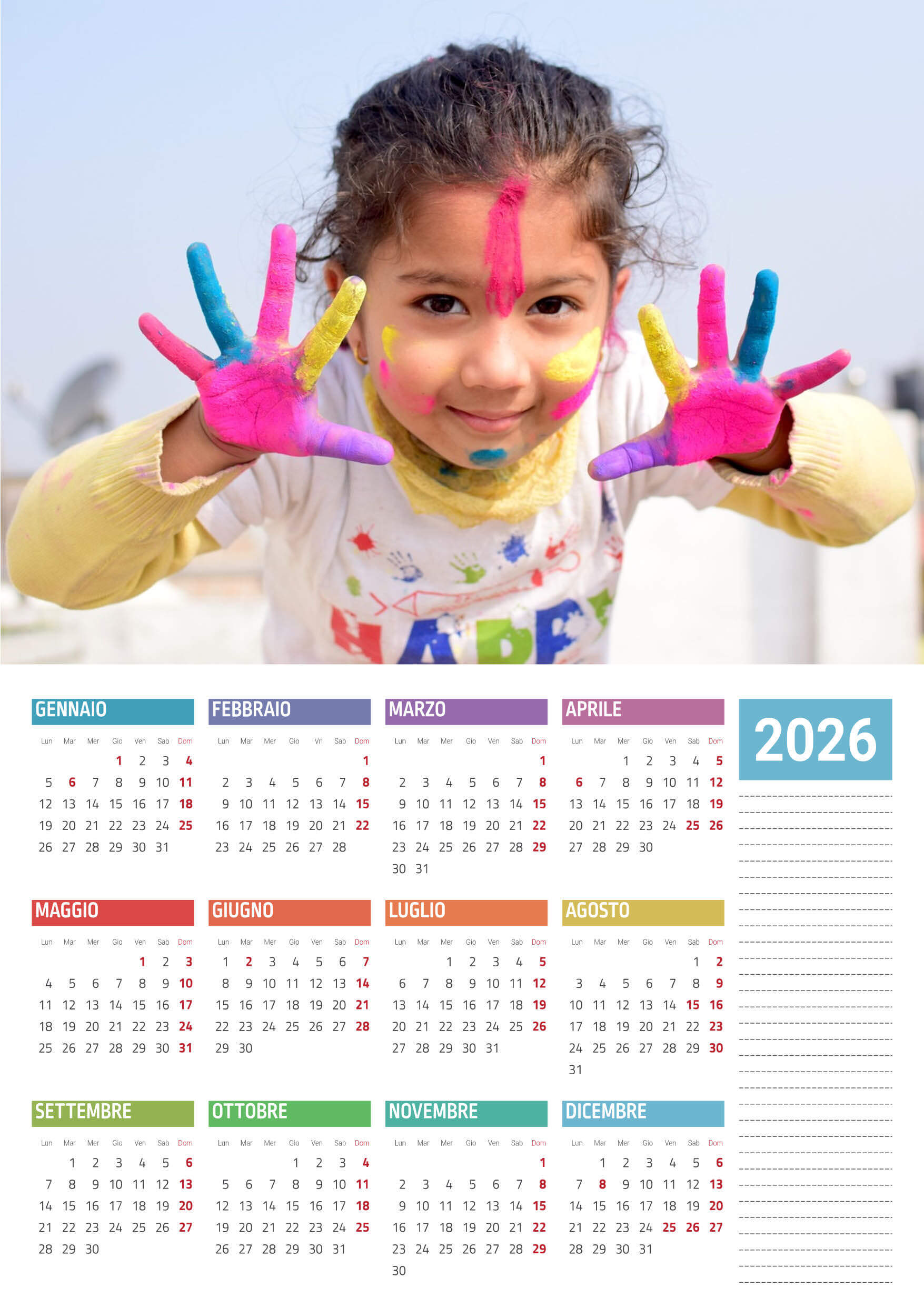 Calendari personalizzati mono-pagina 2026